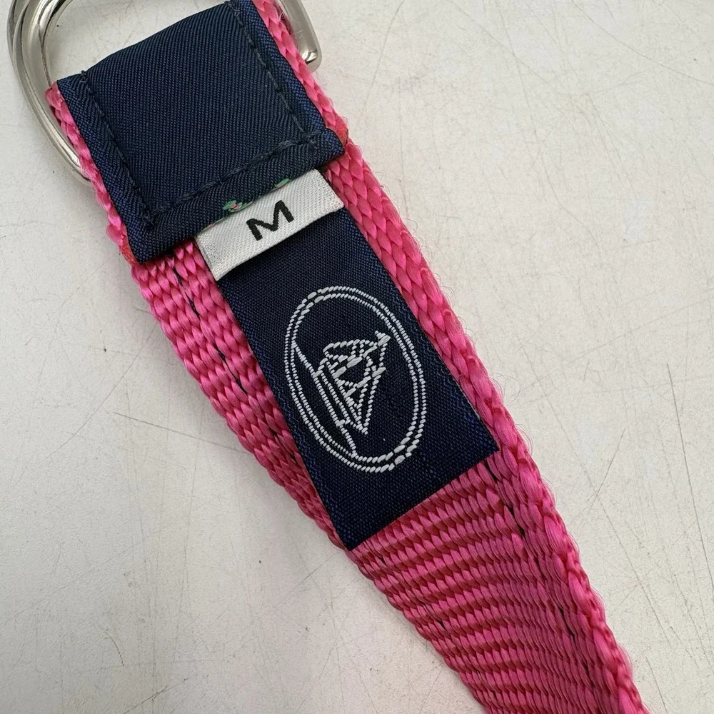 Leather Man USA Crab D Ring Ribbon Belt Pink Navy Preppy Needlepoint Medium